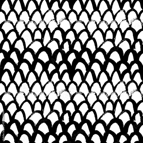 Grunge fish scale hand drawn seamless pattern. Scribble charcoal arches, cambered doodle drawing.