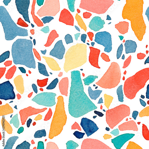 Colorful terrazzo watercolor seamless pattern. Scattered multicolor stones decorative texture.