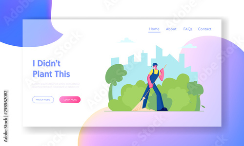 Cleaning Service Activity Website Landing Page. Woman Janitor Street Cleaner Holding Broom Sweeping Lawn from Fallen Leaves in City Park Landscape Web Page Banner. Cartoon Flat Vector Illustration