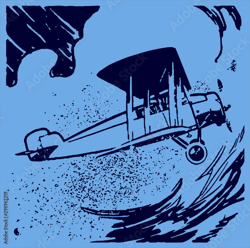 Historical biplane aircraft flying in front of a rainy and thundery sky on a blue-grey background. Editable in layers
