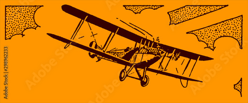 Historical single-engine biplane aircraft flying in front of a cloudy sky on an orange background. Editable in layers