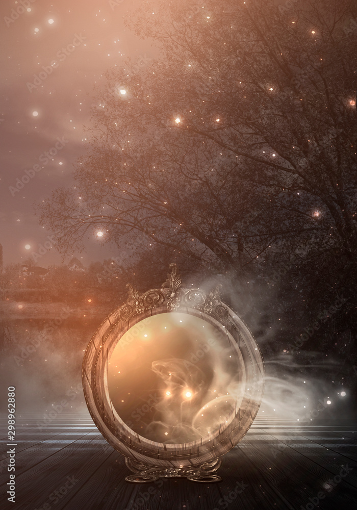 Obraz premium Dark forest, magic mirror. Night view, smoke, smog, neon light, moon. Dark fantasy mystical landscape.