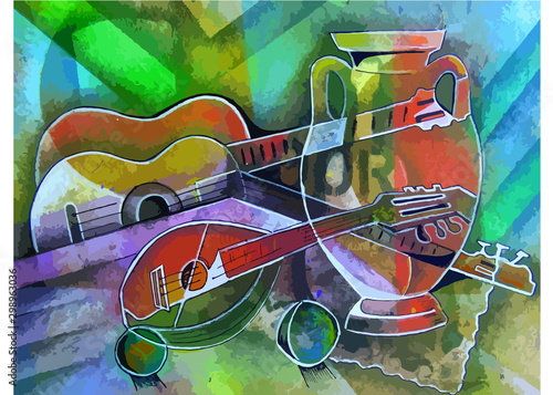 Bodegón con jarrón y guitarras