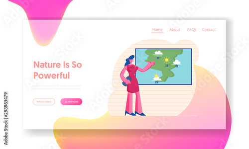 Television Anchorwoman Forecast Weather at Studio Website Landing Page. Woman Meteorologist Forecasting Sunny and Rainy Summer Days in Tv News Web Page Banner. Cartoon Flat Vector Illustration