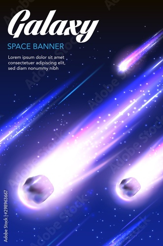 Meteor shower with stars, comets and purple trails