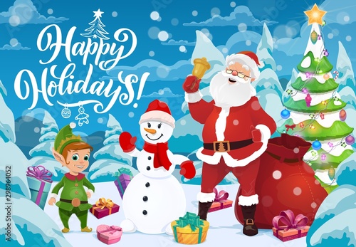 Santa with Christmas bell, gifts, snowman and elf