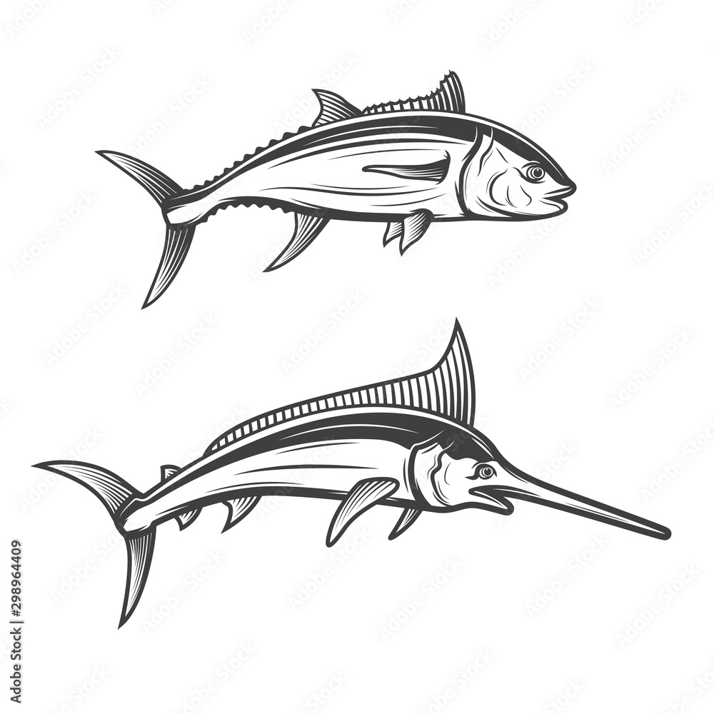 Swordfish and tuna isolated monochrome icons Swordfish and tuna isolated monochrome icons