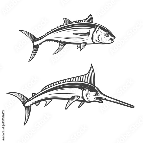 Swordfish and tuna isolated monochrome icons