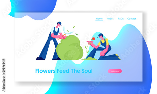 Gardeners Working in Garden Website Landing Page. Man Trimming Bush Woman Care and Planting Flowers to Ground. Active Outdoors Hobby, Gardening Job Web Page Banner. Cartoon Flat Vector Illustration