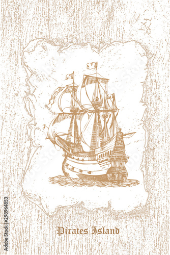 vector image of a vintage caravel in old engraving style