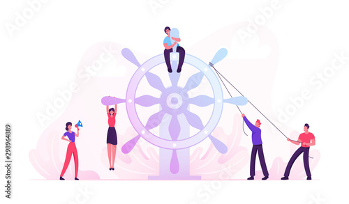 Team Work Concept. Group of Businesspeople Trying to Move Huge Steering Wheel under Management of Businesswoman