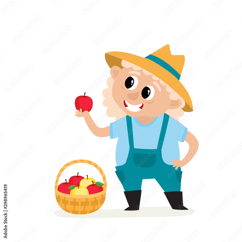 Cartoon old woman farmer with apple basket isolated on white.