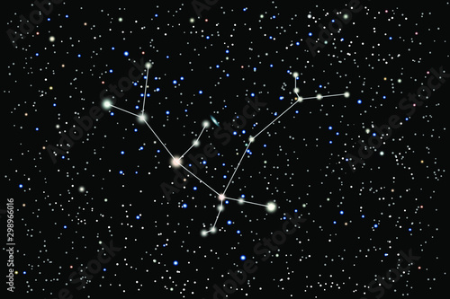 Vector illustration of the constellation Andromeda on a background of the starry sky. The Andromeda nebula and the bright stars of Alpheratz, Mirach and Almach are important astronomical objects	