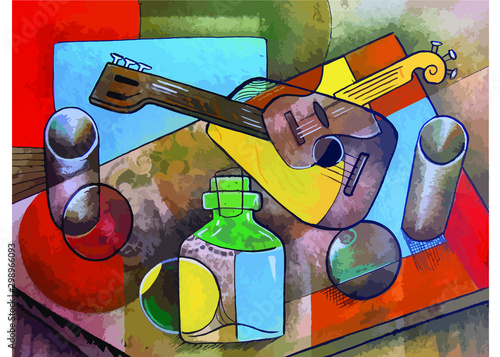 Bodegón con botella y guitarras