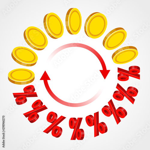 Coins and percent signs are flying in cycle. Business concept