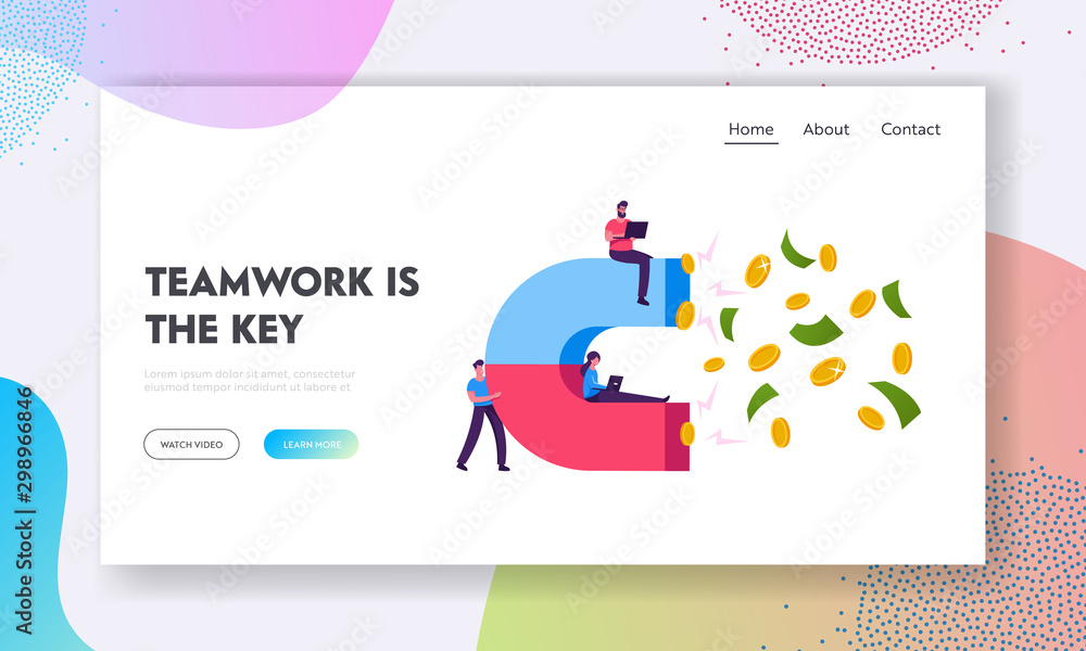 Money Attraction Website Landing Page. Businesspeople Team Attract Dollars with Huge Magnet. Teamwork Cooperation Money Attraction Website Landing Page. Businesspeople Team Attract Dollars with Huge Magnet. Teamwork Cooperation