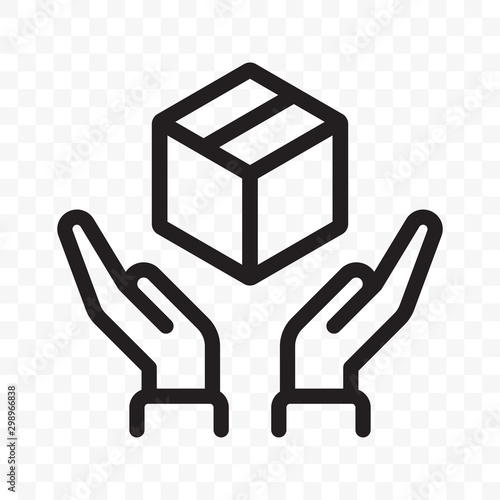 Fragile icon, handle with care logistics and delivery shipping label. Fragile package, hands and parcel box warning outline vector sign