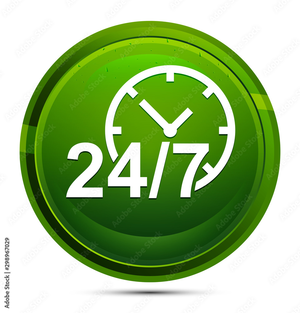 24/7 clock icon glassy green round button illustration 24/7 clock icon glassy green round button illustration