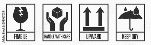 Fragile package icons set, handle with care logistics and delivery shipping labels. Fragile box, cargo warning vector signs photo