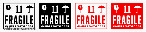 Fragile box, handle with care logistics package vector icons set. Fragile cargo shipping warning, glass, umbrella an this side up vector signs