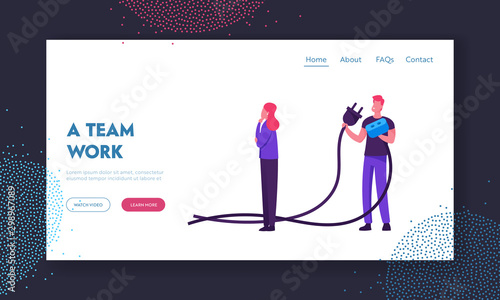 Teamwork Connection, Partnership Cooperation Website Landing Page. Business People Hold Plug