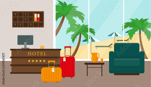 Beach hotel reception interior. Hotel near the sea and beach. Vector illustration.