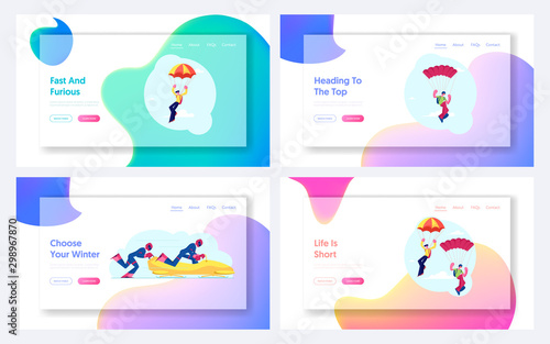Sky Diving and Bobsleigh Sport Website Landing Page Set. Skydivers Soaring in Sky with Parachute, Sportsmen Riding Bob Downhills, Sports Life Extreme Web Page Banner. Cartoon Flat Vector Illustration