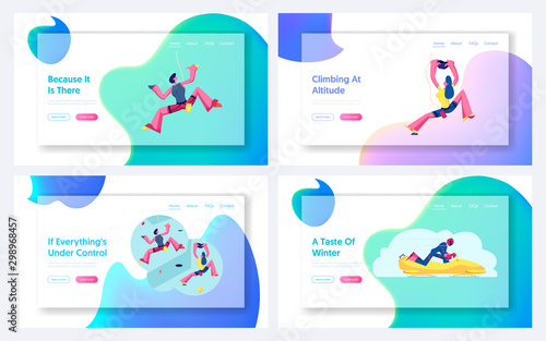 People Climbing Wall, Bobsleigh Competition Website Landing Page Set. Alpinists Rock Scaling Activity, Leisure. Sportsman Riding Bob. Outdoor Sport Web Page Banner. Cartoon Flat Vector Illustration