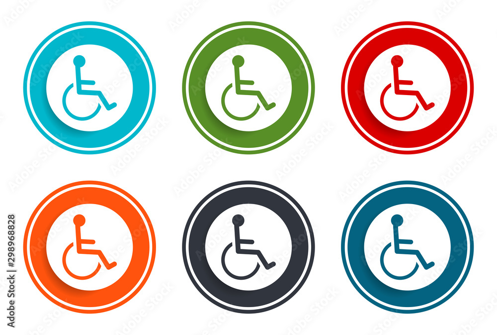 Wheelchair handicap icon flat vector illustration design round buttons collection 6 concept colorful frame simple circle set Wheelchair handicap icon flat vector illustration design round buttons collection 6 concept colorful frame simple circle set