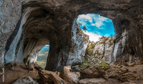 Panoramic in the fantastic Ojo de Añulo de Oñati cave, Gipuzkoa. Basque country