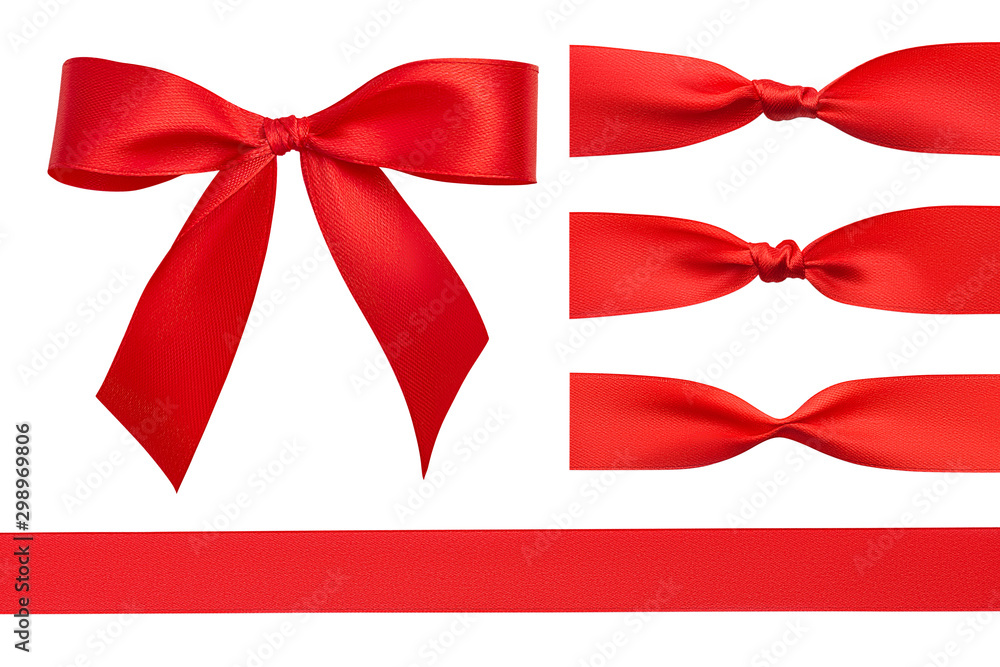 Φωτογραφία Flat lay design set of red satin perfect ribbon, red simple beautiful handmade bow and three different knots isolated on white background