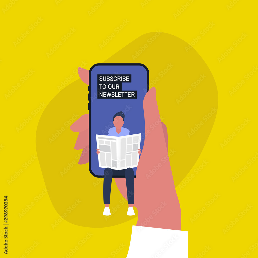 Φωτογραφία Subscribe to our Newsletter, young male character reading a newspaper on a mobil