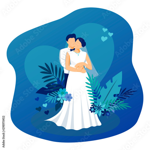 Wedding couple on blue background with hearts and tropical leaves. Flat illustration. Vector