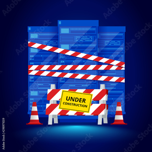 Isometric server under repair. Big data dark server room with server equipment and yellow warning tape.