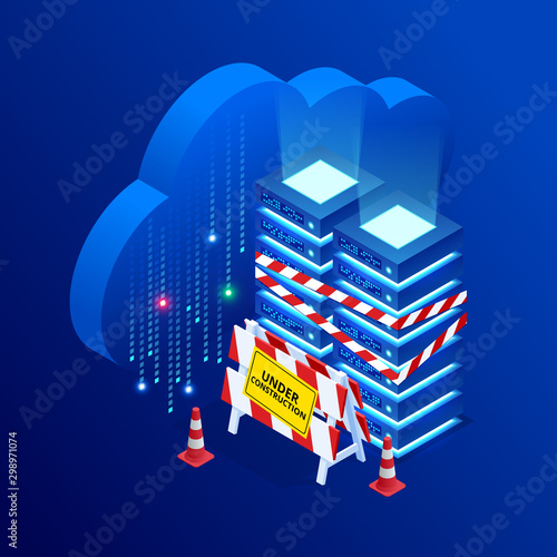 Isometric server under repair. Big data dark server room with server equipment and yellow warning tape.