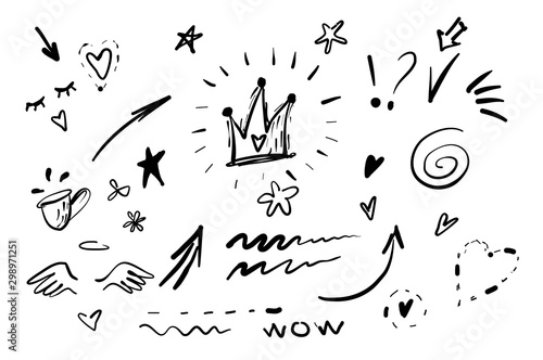 Hand drawn doodle swishes, swoops, emphasis vector set. Collection of black and white highlight text elements, calligraphy swirl, tail, flower, heart, graffiti crown. photo
