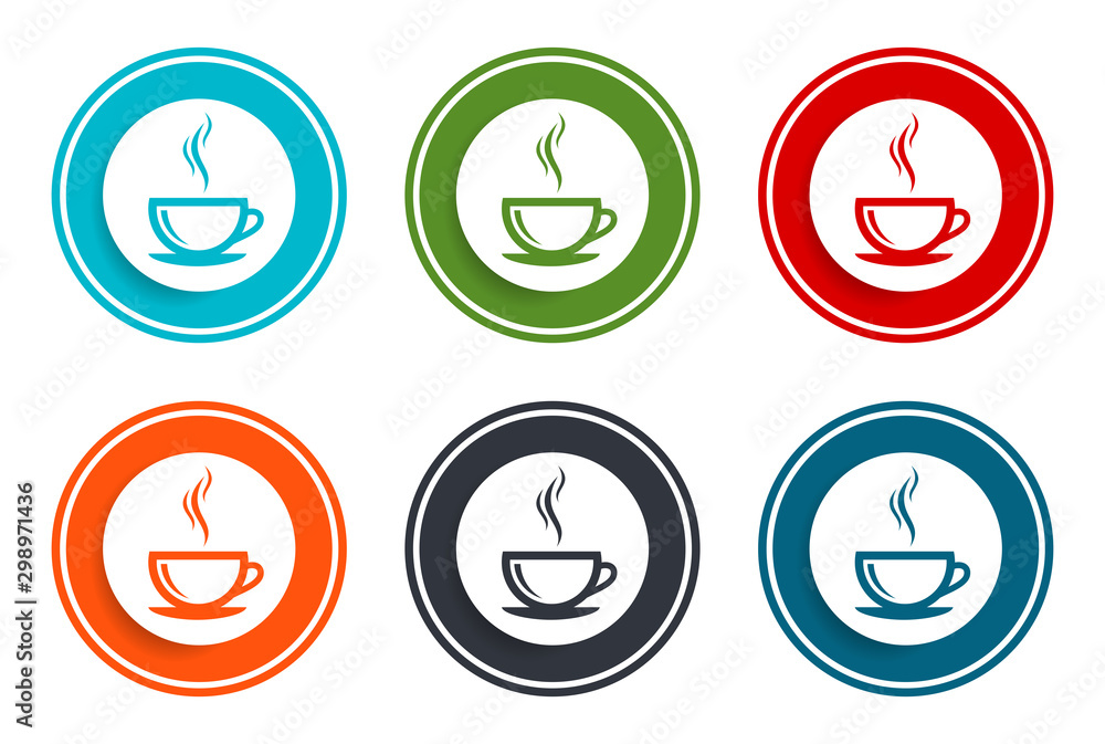 Coffee cup icon flat vector illustration design round buttons collection 6 concept colorful frame simple circle set