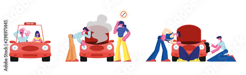 People and Transport Set Isolated on White Background. Student Pass Driving Exam to Trainer, Worker Repair Broken Car, People Looking under Hood with Smoke Cartoon Flat Vector Illustration, Clip Art