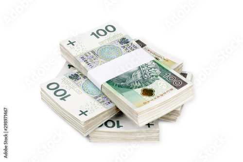 Bundles of polish 100 zloty banknotes. Isolated on white. Clipping path included.