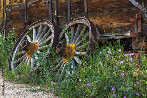 Old Rustic Wooden Wagon Wheels In Fairplay, Colorado