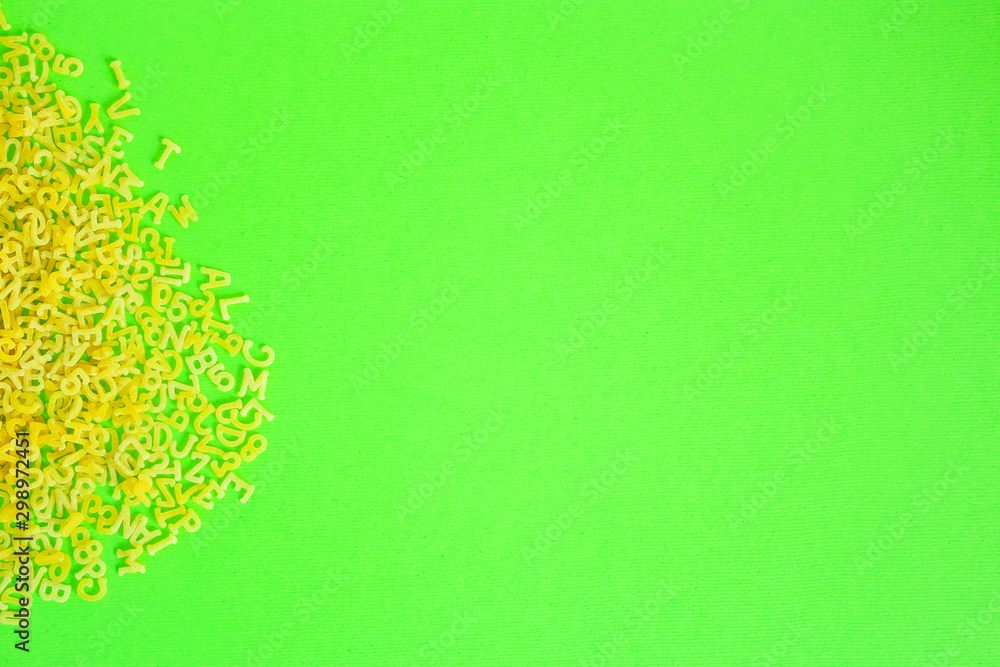 Pasta Alphabet (set of ingredients, raw pasta) serving second course. top food background. copy space Pasta Alphabet (set of ingredients, raw pasta) serving second course. top food background. copy space