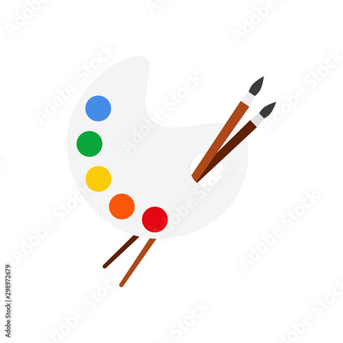 Isolated artist palette with three long different brushes inside on white. Vector illustration of cartoon wooden thing with colourful round spots of paints. Set for creating pictures and portraits