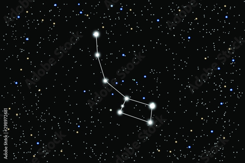 Vector illustration of the constellation Lesser Bear on a starry black sky background. Little Dipper is a asterism of the constellation Ursa Minor. North Star and North Pole of the world.	