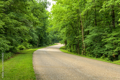 Colonial Parkway - A Spring day view of broad three-lane Colonial Parkway winding through a dense forest in Colonial National Historical Park. Williamsburg, Virginia, USA.