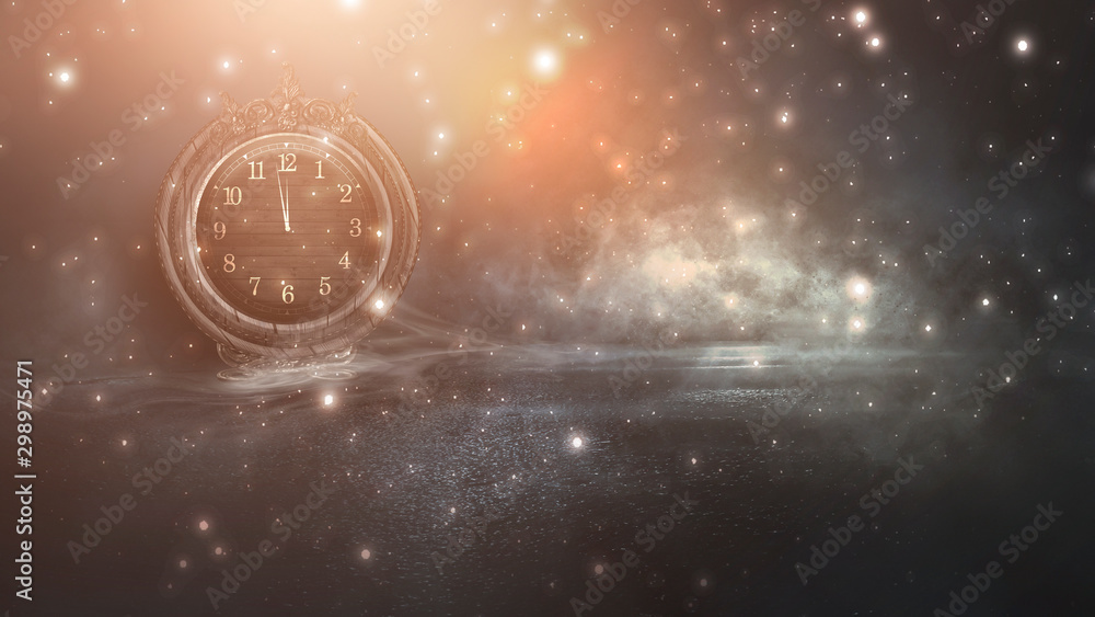 Dark abstract scene with a vintage watch. Night landscape, snow, smoke, magic fantasy with a clock. - obrazy, fototapety, plakaty 