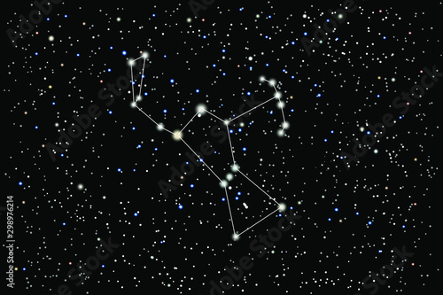 Vector illustration of the constellation Orion on a starry black sky background.	 photo