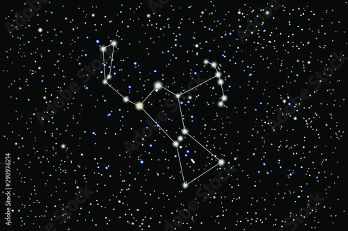 Vector illustration of the constellation Orion on a starry black sky background.	
