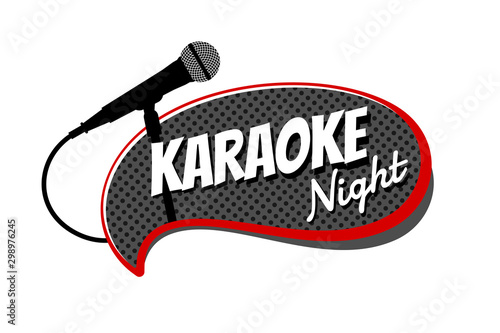 Karaoke night party text and microphone on comic strip speech bubble label. Stage mic vector illustration entertainment template