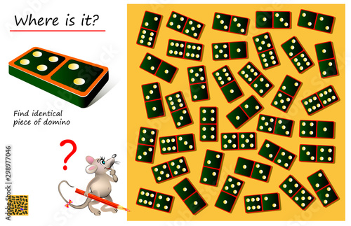 Logical puzzle game for children and adults. Need to find place where is the same piece of domino. Printable page for kids brain teaser book. Developing spatial thinking skills. IQ test. Vector image.