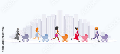 Five young women are walking with their prams. Modern City Skyline.